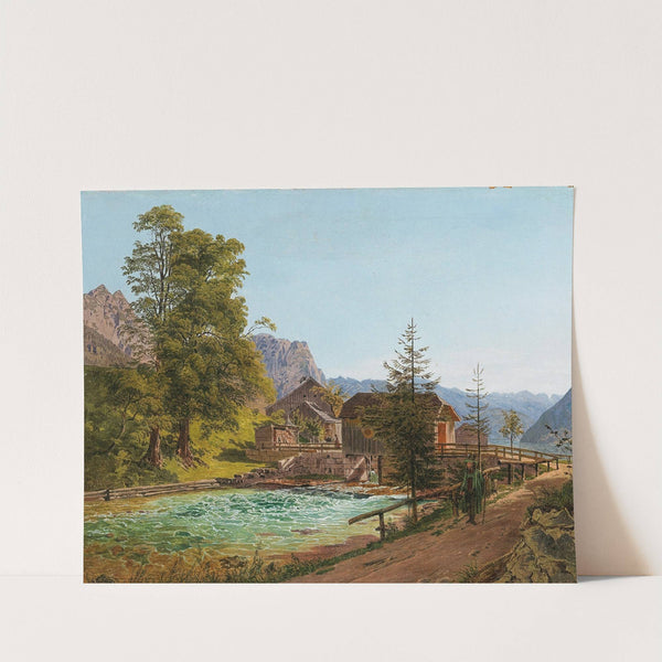 Wanderer in the Salzkammergut, the Grundlsee Lake Dam with the River Traun, in the Background on the Left the Backenstein (1838) by Jakob Alt