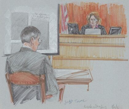 Warren Jeffs, seated before a judge during his trial for child abuse