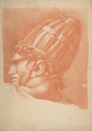 Warrior in a helmet facing left