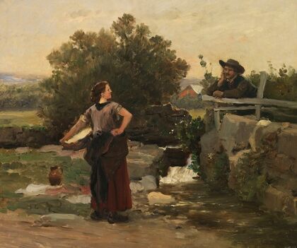 Washerwoman and boy talking on the creek bank
