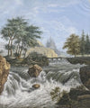 Wasserfall im Gebirge, am Ufer und im Hintergrund Nadelhölzer