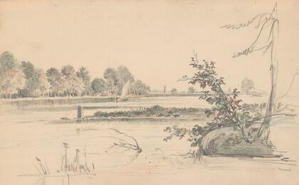 Landschap met boerderij bij een plas