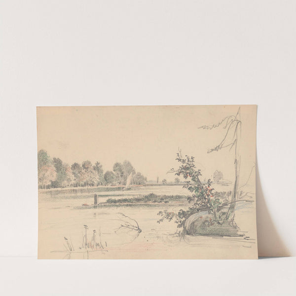 Waterscape showing the shore of the Delaware River and a sailboat at center (1840-1860) by James Fuller Queen