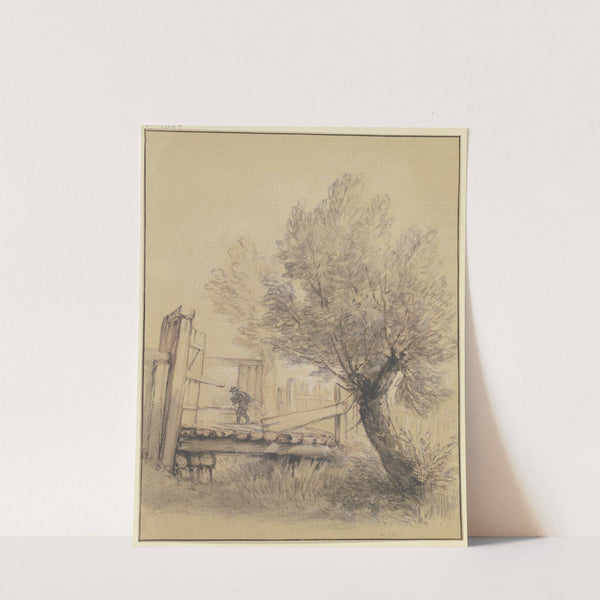 Weidenbaum bei einer Holzbrücke, über die ein Mann schreitet by Bernhard Rode