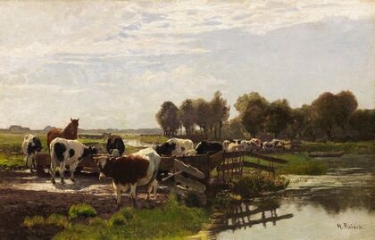 Weidetiere in Flusslandschaft (ca 1883)