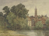 Weiher, dahinter Häuser eines Dorfes mit Kirchturm