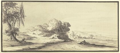 Weite, hügelige Landschaft mit einer Straße (1744)