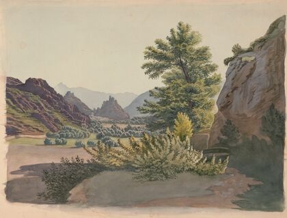 Western scene with buttes and possibly a pueblo community in the distance, as seen from a ravine with a cottonwood tree (1850-1870)