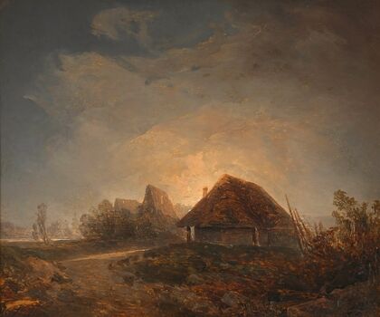 Westungarische Landschaft mit Hütten und aufgehendem Mond