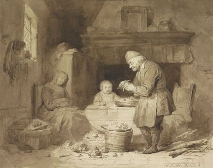 While a woman has fallen asleep, an old man peels potatoes