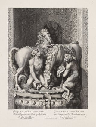 White marble scene, representing two horses of the sun, and two Tritons thinking of them (1676)