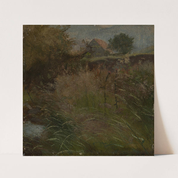Wiese, im Hintergrund ein Bauernhaus by Hans Thoma