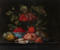 Wild strawberries in a Kraak porcelain bowl, with oranges, peaches, lemons, a bread roll and oysters on a stone ledge