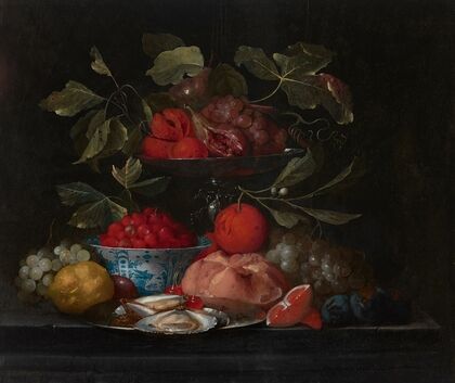 Wild strawberries in a Kraak porcelain bowl, with oranges, peaches, lemons, a bread roll and oysters on a stone ledge