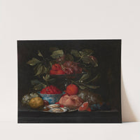 Wild strawberries in a Kraak porcelain bowl, with oranges, peaches, lemons, a bread roll and oysters on a stone ledge by Jan Pauwel Gillemans the Elder