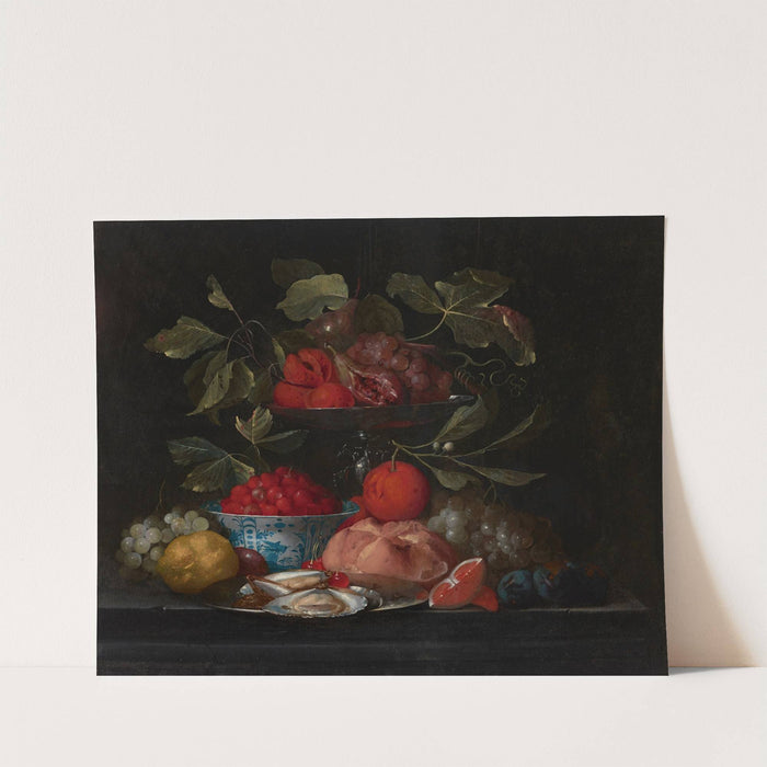 Wild strawberries in a Kraak porcelain bowl, with oranges, peaches, lemons, a bread roll and oysters on a stone ledge by Jan Pauwel Gillemans the Elder
