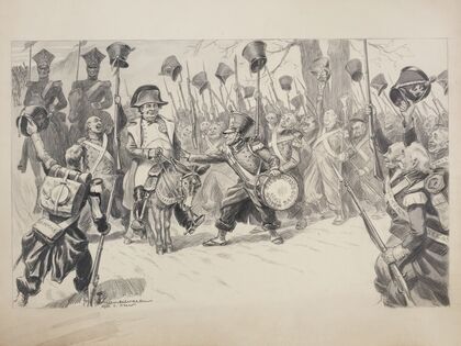 William Jennings Bryan as a general, riding the Democratic Party donkey and cheered by his troops (1906)