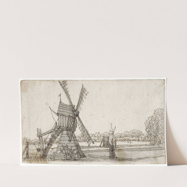 Windmolens in vlak land by Barend Hendrik Thier