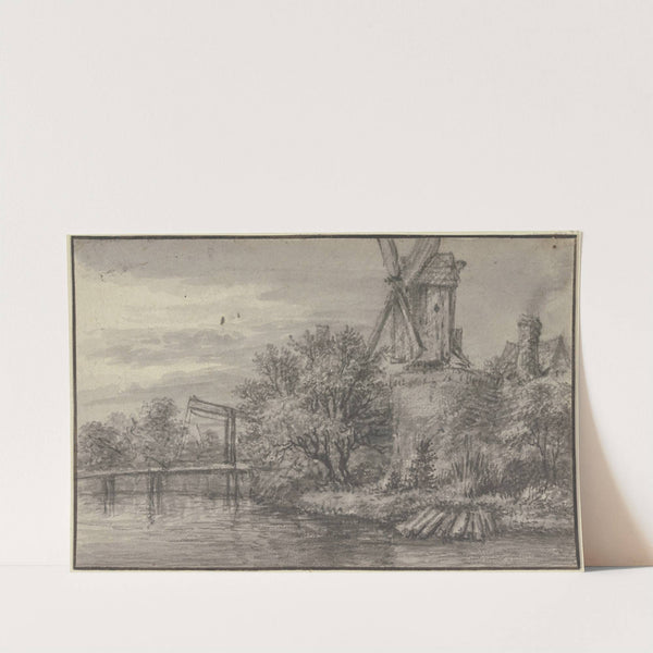 Windmühle an einem Kanal, über welchen eine Zugbrücke führt by Antonie Waterloo