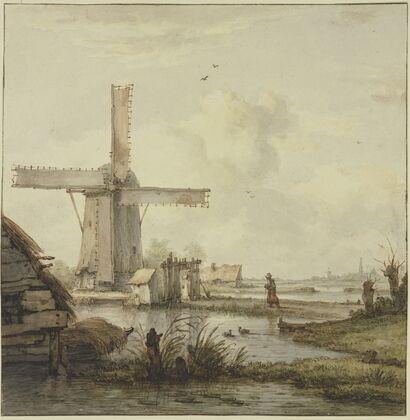 Windmühle vor einer Stadt mit hohem Turm, über einen abgegatterten Damm am Stock schreitend eine Frau — size preview