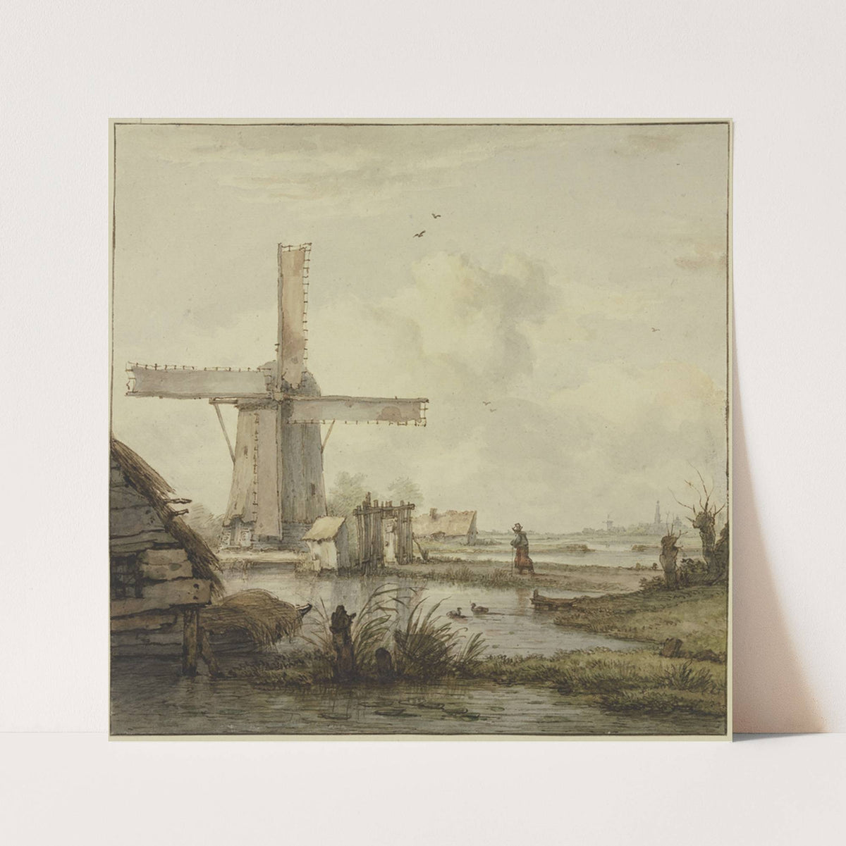 Windmühle vor einer Stadt mit hohem Turm, über einen abgegatterten Damm am Stock schreitend eine Frau by Jan Hulswit