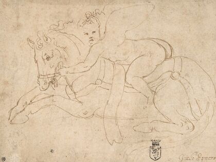 Winged Infant Riding a Crouching Horse