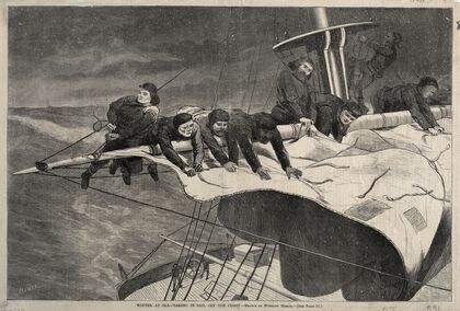Winter at Sea – Taking in Sail Off the Coast (1869)