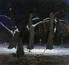 Winter landscape at night with a halberdier