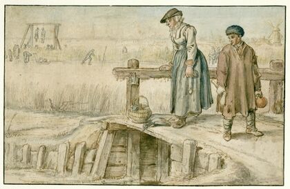 Winter Landscape with a Woman and a Youth on a Small Bridge, Skaters and a Gallows in the Distance