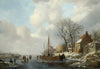 Winter landscape with figures by a boat on a frozen waterway