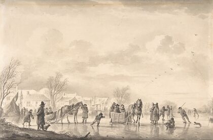 Winter Landscape with Skaters and Horse-Drawn Sledges on the Ice, a Village Below