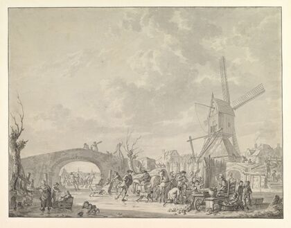 Winter Landscape with Skaters and Sledges on the Ice, a Bridge and a Mill behind