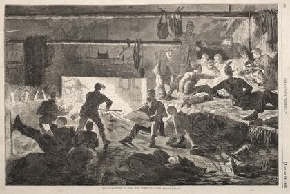 Winter Quarters in Camp – The Inside of a Hut (1863)