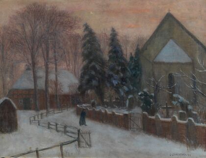Winterabend, Fischerhuder Kirche mit Heimathaus