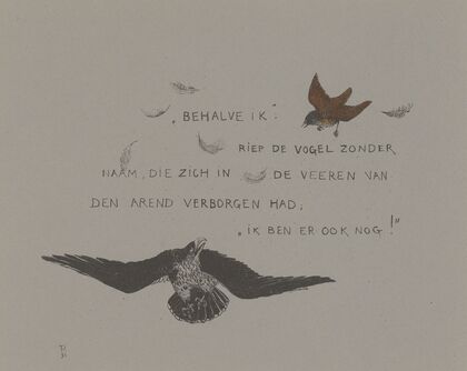 Winterkoning stijgt op van de rug van de arend