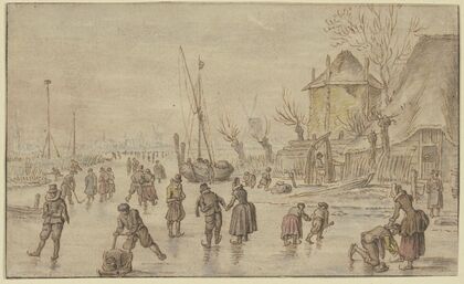 Winterlandschaft, auf dem Eis viele Schlittschuhläufer, rechts schnallt ein Mann einer Frau die Schlittschuhe an
