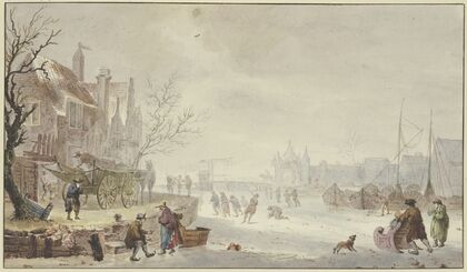 Winterlandschaft, auf dem Fluß Schlittschuhläufer, links am Quai ein Wagen