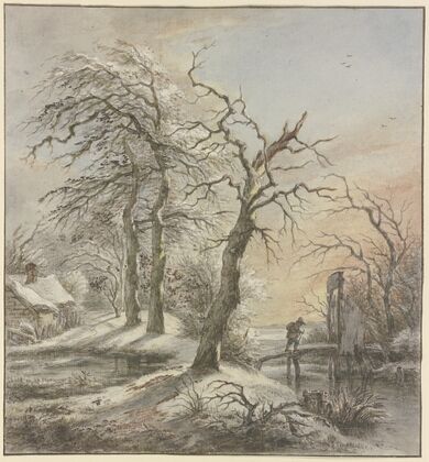 Winterlandschaft, ein Wanderer überquert auf einem Steg einen Bach