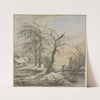 Winterlandschaft, ein Wanderer überquert auf einem Steg einen Bach by Jan Hulswit