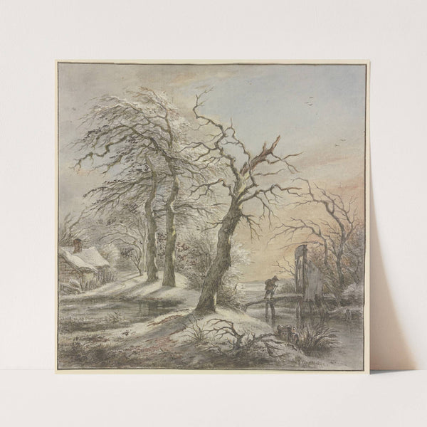 Winterlandschaft, ein Wanderer überquert auf einem Steg einen Bach by Jan Hulswit