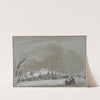 Winterlandschaft, links ein Dorf, eingefrorene Schiffe, rechts auf dem Eis zieht ein Mann ein Schlitten by Hendrik Spilman
