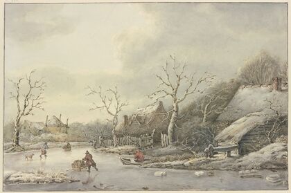 Winterlandschaft mit Schlittschuhläufern auf einem Kanal — size preview