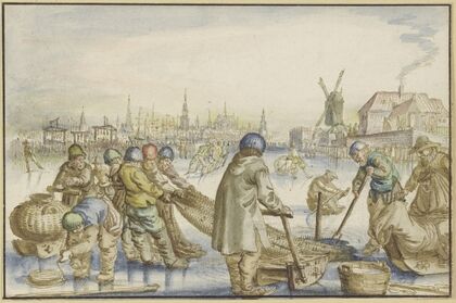 Winterlandschaft mit vielen Schlittschuhläufern, im Vordergrund ziehen Fischer ein Netz aus dem Eise — size preview