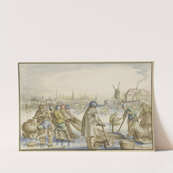 Winterlandschaft mit vielen Schlittschuhläufern, im Vordergrund ziehen Fischer ein Netz aus dem Eise by Claes Janszoon Visscher I
