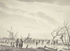 Winterlandschaft mit vielen Schlittschuhläufern und Zelten auf dem Eis, bei einer Windmühle