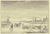 Winterlandschaft, rechts eine Stadt, links eine Windmühle, in der Mitte ein Schlittschuhläufer