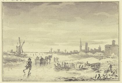 Winterlandschaft, rechts eine Stadt, links eine Windmühle, in der Mitte ein Schlittschuhläufer