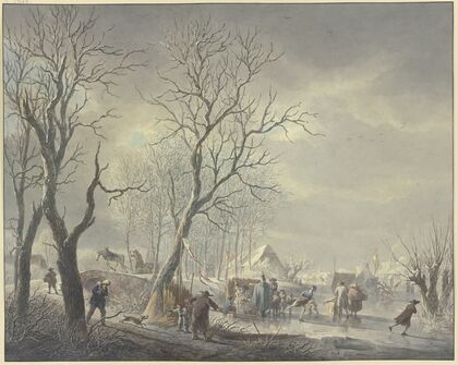 Winterlandschaft, Schlittschuhläufer bei Zelten auf dem Kanal, ein Husar umarmt ein Getränke haltendes Mädchen