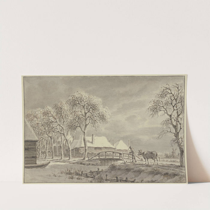 Winterlandschaft, über eine Brücke bei einem Dorf führt ein Bauer eine Kuh by Jan Evert Grave