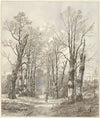 Winterlandschap met houtsprokkelaar op bospad